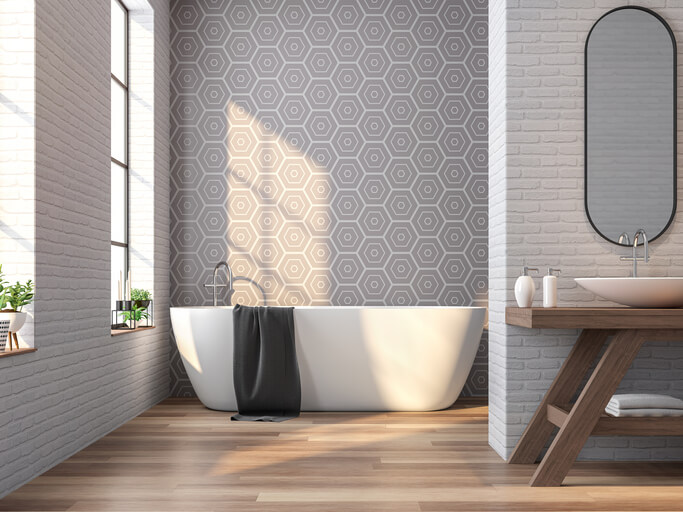 Vintage bathroom wallpaper pattern in a modern wood floor,white brick and gray tile wall bathroom design